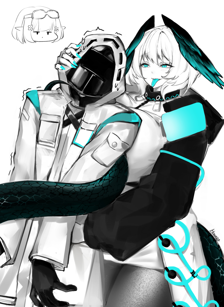 1other 2girls absurdres aqua_eyes aqua_nails aqua_tongue arknights artist_name between_breasts black_gloves blush breast_press breasts breasts_on_another&#039;s_back coat cowboy_shot doctor_(arknights) dress eunectes_(arknights) eyewear_on_head fangs feathered_wings fingerless_gloves gloves hair_between_eyes head_wings highres ho&#039;olheyak_(arknights) hood hood_up hooded_coat infection_monitor_(arknights) irkawaza large_breasts long_sleeves long_tail medium_hair monochrome multiple_girls open_clothes open_coat pantyhose pencil_dress shirt simple_background snake_tail spot_color strap_between_breasts tail tail_wrap tongue tongue_out trembling white_coat white_dress white_gloves white_hair white_shirt wings
