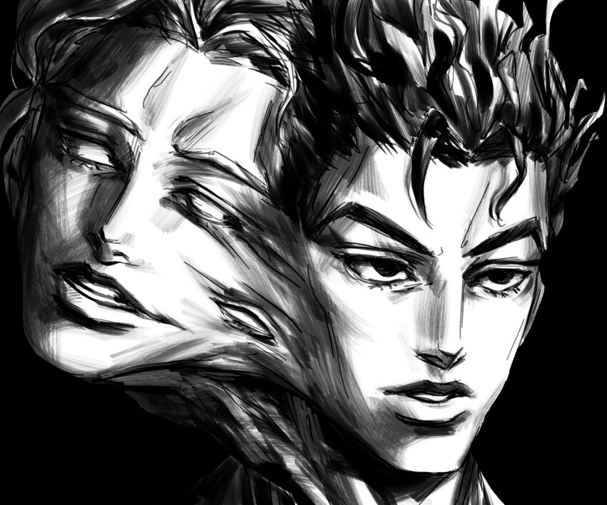 2boys black_eyes conjoined diamond_wa_kudakenai greyscale highres horror_(theme) jojo_no_kimyou_na_bouken kawajiri_kosaku kira_yoshikage lips male_focus monochrome multiple_boys nose parody parted_lips santamanymany tomie