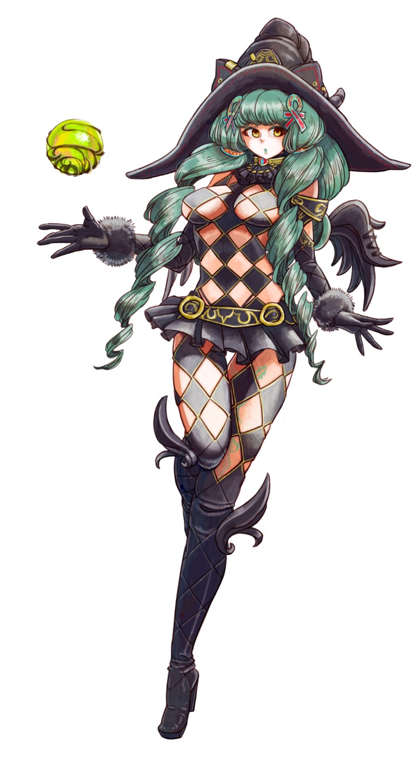 1girl absurdres argyle_clothes argyle_cutout black_gloves black_hat breasts clothing_cutout commentary drill_hair elbow_gloves female_focus fiore_brunelli gloves green_hair hair_ornament hat highres long_hair looking_at_viewer makeup miniskirt revealing_clothes simple_background skirt solo sowasan_(sowasowa) star_ocean star_ocean_integrity_and_faithlessness twin_drills white_background wings witch_hat yellow_eyes