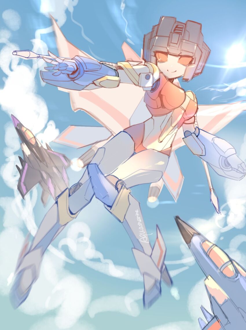 1girl aircraft airplane armor azuredawn40 blue_sky breasts f-15_eagle fighter_jet flying genderswap helmet highres humanoid_robot mechanical_wings medium_breasts military_vehicle panties red_eyes red_panties robot robot_girl shoulder_armor sky skywarp starscream thundercracker transformers underwear wings