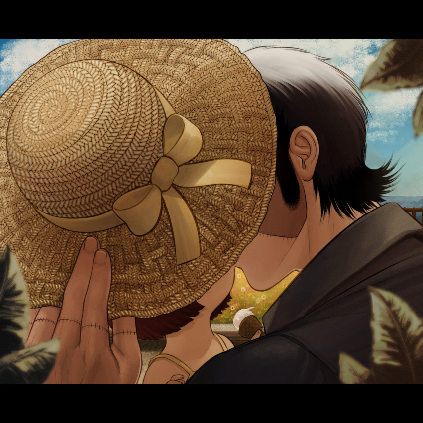 1boy 1girl absurdres age_difference black_hair black_jack_(character) black_jack_(series) bow child hat hetero highres ice_cream_cone kiss multicolored_hair nsfmeows patchwork_skin pinoko scar scar_on_face short_hair sideburns stitched_face stitches sun_hat two-tone_hair white_hair