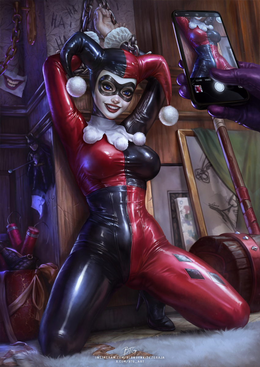 1boy 1girl arms_up batman batman_(series) bdsm black_bodysuit blondynkitezgraja blue_eyes bodysuit bondage boots bound breasts cellphone cellphone_photo chain character_doll commentary dc_comics doll domino_mask dynamite english_commentary explosive floral_print full_body fur_rug gloves graffiti grenade grin harley_quinn_(classic) hat highres huge_weapon indoors large_breasts latex lips looking_ahead makeup mallet mask out_of_frame painting_(object) parted_lips phone pov red_bodysuit ribbon shiny_clothes signature skin_tight smartphone smile solo_focus spread_legs taking_picture the_joker tile_floor tiles wallpaper_(object) watermark weapon web_address whip white_fur wooden_wall