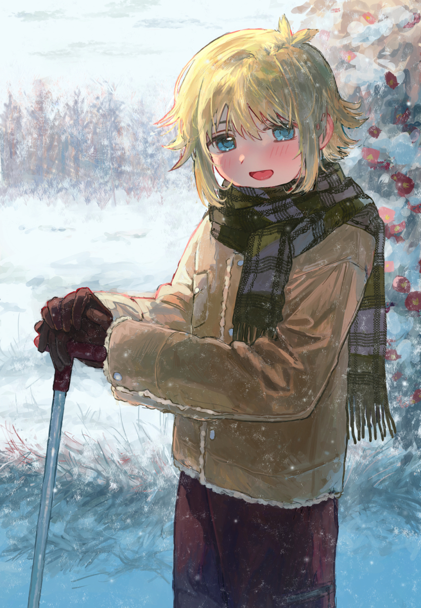 1boy alternate_costume antenna_hair basil_(faraway)_(omori) basil_(omori) blue_eyes blush brown_coat brown_gloves brown_pants coat commentary_request day gloves green_scarf highres kanaraki looking_at_viewer male_focus omori open_mouth outdoors pants scarf short_hair smile snow snowing tree