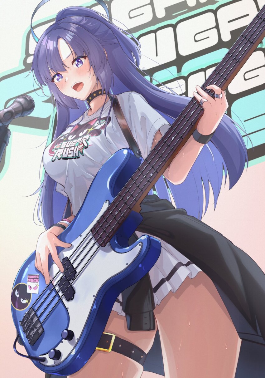 1girl alternate_costume bass_guitar belt black_choker blue_archive choker clothes_around_waist electric_guitar guitar halo highres holding_bass_guitar holding_instrument instrument jacket jacket_around_waist jewelry kagin_(kagou_shita_nanika) kazusa_(band)_(blue_archive) kazusa_(blue_archive) microphone multiple_rings music ponytail print_shirt ring shirt singing skirt solo studded_choker thigh_belt thigh_strap white_shirt white_skirt yuuka_(blue_archive)