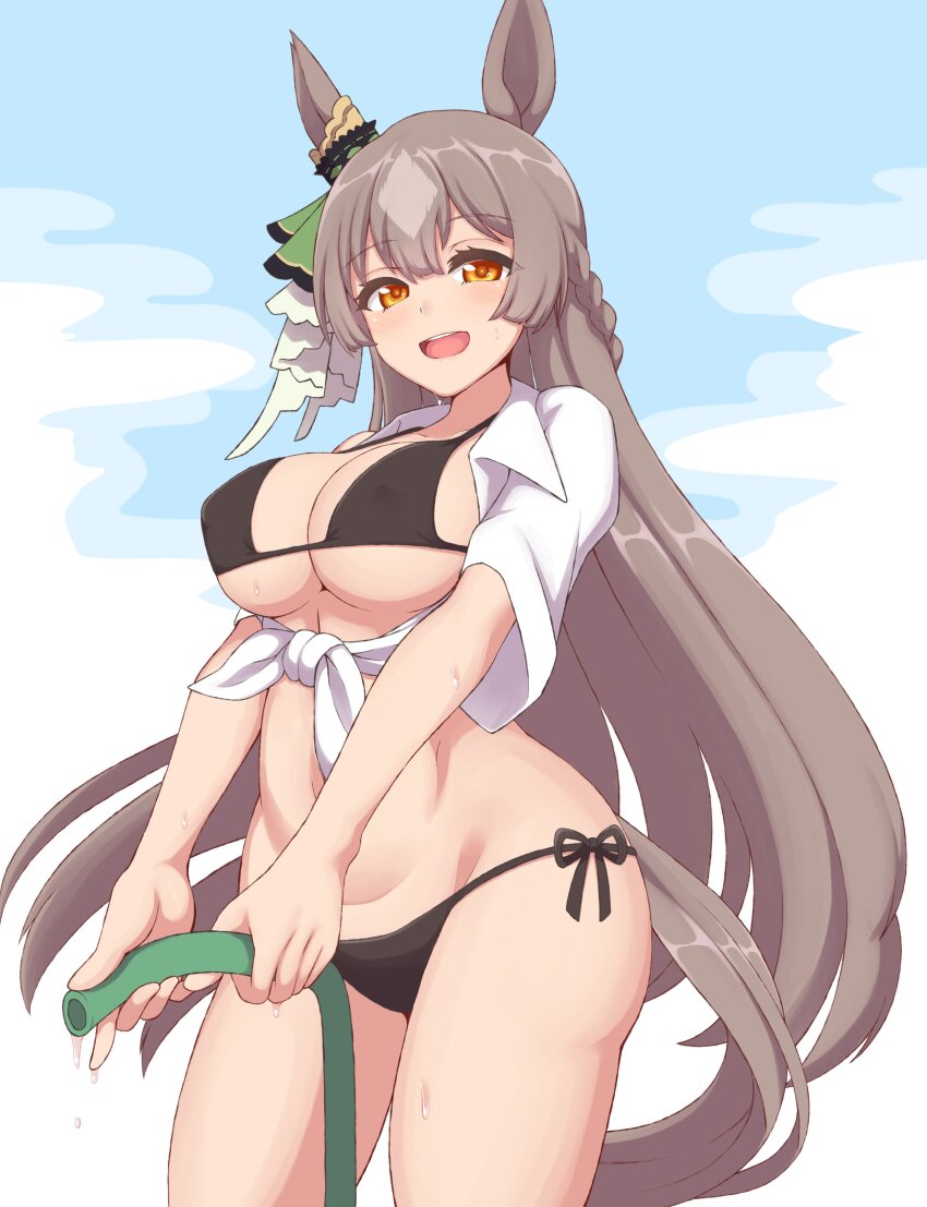 absurdres animal_ears bikini black_bikini blush braid brown_hair collared_shirt diamond_(shape) hakutaqanta half_up_braid highres holding holding_hose horse_ears horse_girl horse_tail hose long_hair looking_at_viewer midriff open_clothes open_mouth open_shirt satono_diamond_(umamusume) shirt side-tie_bikini_bottom simple_background sky smile sweat swimsuit tail tied_shirt umamusume white_shirt yellow_eyes