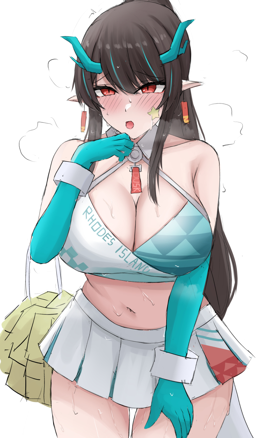 1girl :o absurdres alternate_costume alternate_hairstyle arknights bare_shoulders black_hair blue_archive blue_hair blush breasts character_name cheerleader cleavage collared_shirt cosplay crop_top dragon_girl dragon_horns dragon_tail dusk_(arknights) hair_over_one_eye hand_up highres hip_focus horns large_breasts leaning_forward midriff millennium_cheerleader_outfit_(blue_archive) miniskirt multicolored_hair namikare navel pleated_skirt pom_pom_(cheerleading) ponytail red_eyes shirt skirt sleeveless sleeveless_shirt slit_pupils solo star_sticker sticker_on_face streaked_hair tail two-tone_hair white_shirt