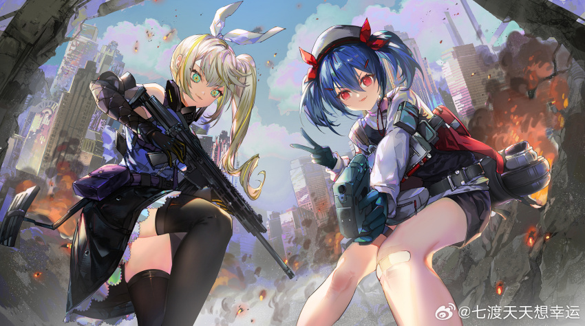2girls assault_rifle battle_rifle blue_hair girls&#039;_frontline girls&#039;_frontline_2:_exilium gloves gun handgun hat highres holding holding_gun holding_weapon multiple_girls nurse_cap pocket_pistol qi_du_tiantian_xiang_xingyun red_eyes rifle robinson_armaments_xcr robinson_armaments_xcr-m taurus_curve watermark weapon weibo_watermark