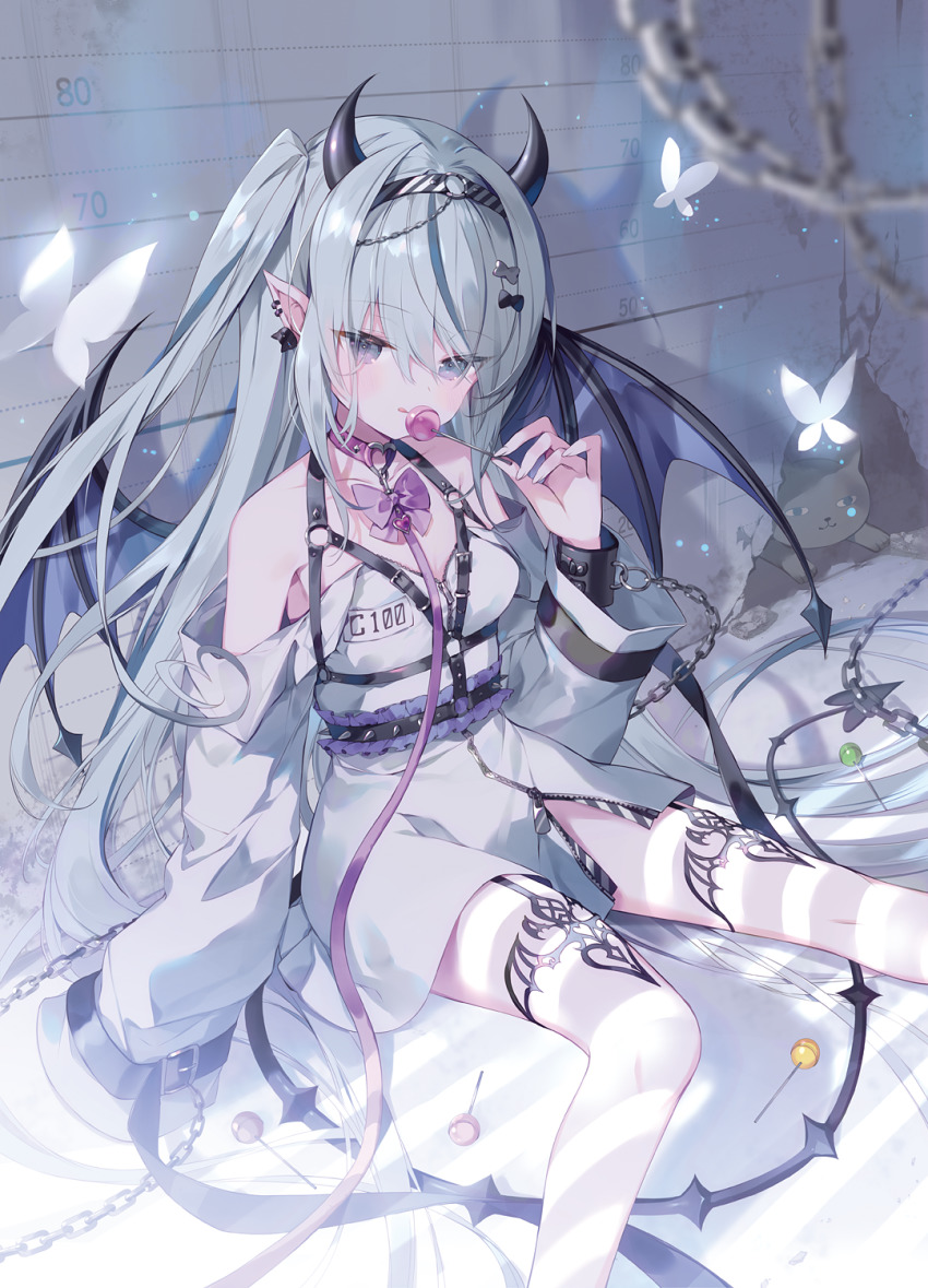 1girl :q bare_shoulders blue_eyes blue_wings blush candy closed_mouth commentary_request demon_girl demon_horns demon_tail demon_wings dress ear_piercing feet_out_of_frame food garter_straps grey_hair hair_between_eyes highres holding holding_candy holding_food holding_lollipop horns ibara_riato lollipop long_hair long_sleeves looking_at_viewer one_side_up original piercing pointy_ears sitting sleeves_past_fingers sleeves_past_wrists smile solo striped_clothes striped_thighhighs tail thighhighs tongue tongue_out very_long_hair white_dress wings