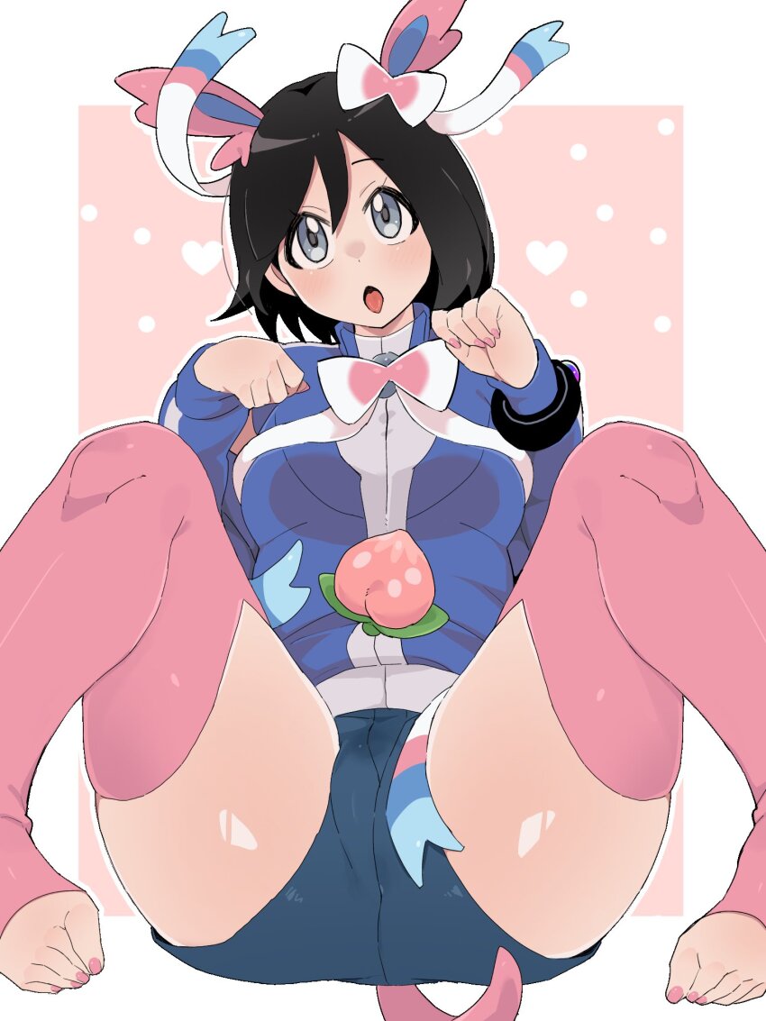 1boy :o animal_ears black_hair blue_jacket border bracelet bulge calem_(pokemon) commentary_request cosplay gen_6_pokemon grey_eyes hands_up heart highres jacket jewelry knees long_sleeves male_focus male_with_breasts nail_polish nintendo open_mouth paw_pose pink_background pink_nails pink_thighhighs pokemon pokemon_xy sana_(37pisana) short_hair solo sylveon sylveon_(cosplay) tail thighhighs thighs toeless_legwear toenail_polish toenails toes turtleneck turtleneck_jacket white_border
