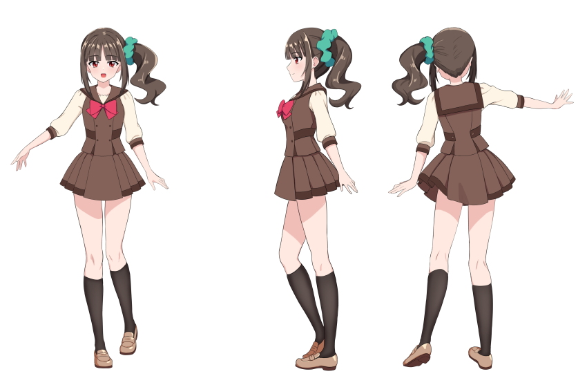 1girl absurdres alcmls1230 aqua_scrunchie black_hair black_socks bow bowtie brown_footwear brown_sailor_collar brown_shirt brown_skirt closed_mouth commentary_request from_behind hair_ornament hair_scrunchie highres kneehighs loafers looking_at_viewer miniskirt multiple_views nekoyashiki_mayu open_mouth partial_commentary pleated_skirt precure purple_eyes red_bow red_bowtie sailor_collar school_uniform scrunchie second_wangan_school_uniform serafuku shirt shoes short_sleeves side_ponytail simple_background skirt smile socks standing white_background wonderful_precure!