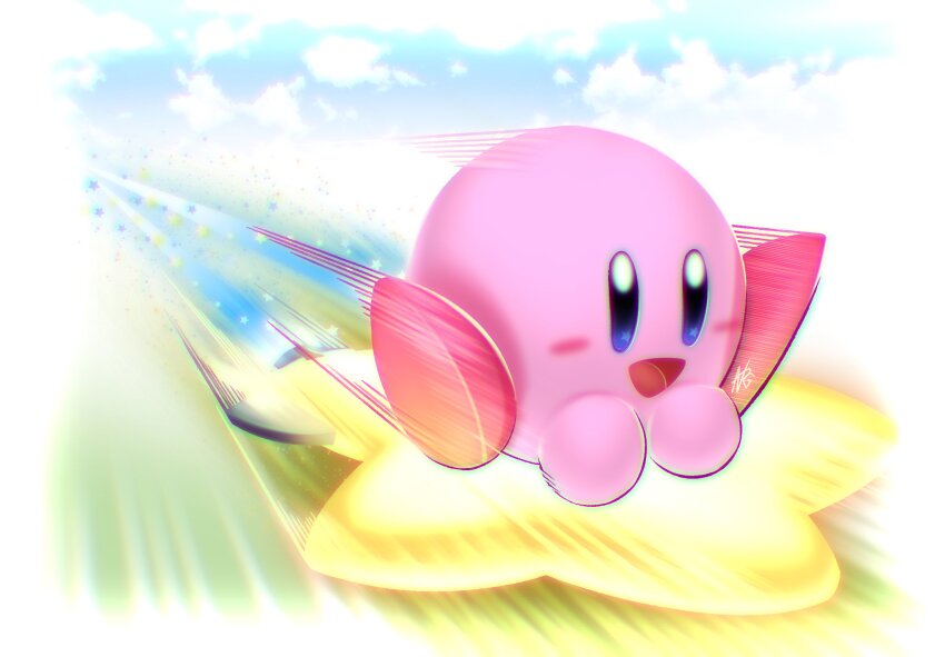 blue_sky blush_stickers colored_skin highres kirby kirby_(series) kirby_air_ride kirby_air_riders nintendo no_humans nrg_98 pink_skin signature sky sparkle star_(symbol) warp_star