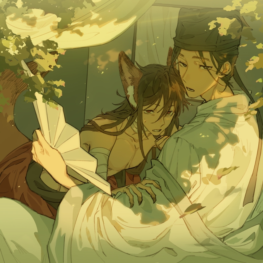 2boys animal_ears bandaged_arm bandaged_neck bandages bare_pectorals black_eyes black_hair black_hat brown_hair chinese_clothes chinese_commentary clothes_down curtains dao_gui_yi_xian dappled_sunlight folding_fan fox_boy fox_ears fox_tail hair_between_eyes hair_down hand_fan hand_on_another&#039;s_arm hanfu hat hat_ribbon highres holding holding_fan jin_(headwear) kemonomimi_mode leaf li_huowang long_hair looking_at_viewer male_focus messy_hair multiple_boys open_clothes open_mouth open_robe paper_fan pectorals red_robe ribbon robe shade sunlight sweatdrop tail topless_male updo white_robe yaoi yuexuaier zhouzi_jin_(headwear) zhuge_yuan