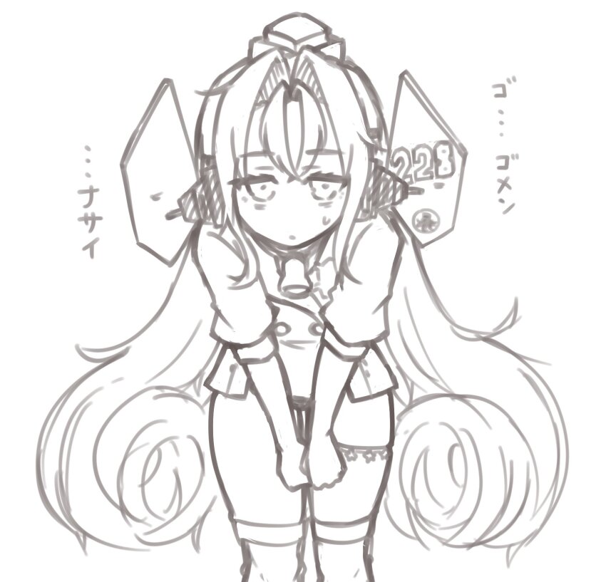 1girl apologizing bell coat commentary_request drum_(kancolle) feet_out_of_frame garrison_cap hair_rings hat headgear highres kantai_collection leaning_forward lineart long_hair looking_at_viewer monochrome neck_bell solo tatahai thighhighs translation_request