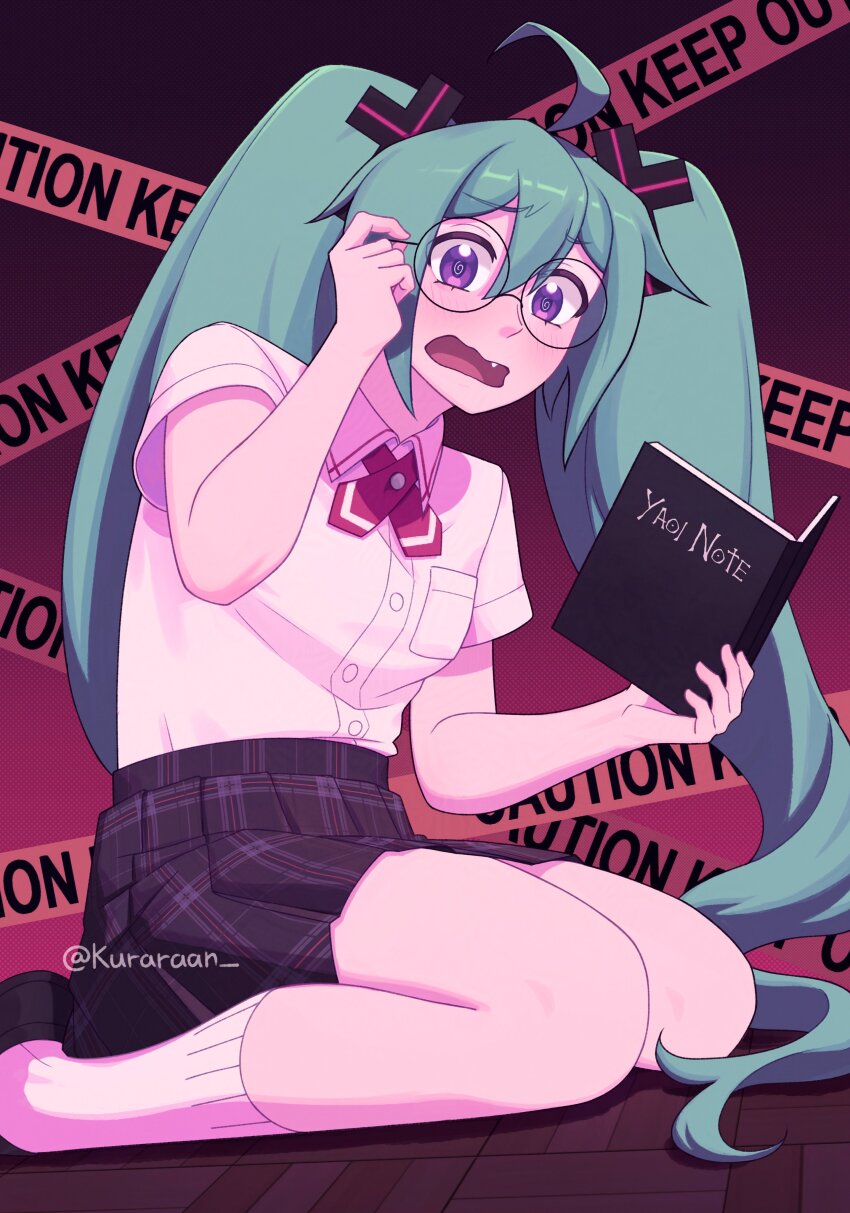 1girl @_@ absurdres adjusting_eyewear ahoge aqua_hair black_skirt blue_hair blush book caution_tape collared_shirt commentary confessions_of_a_rotten_girl_(vocaloid) cross_hair_ornament cross_tie death_note_(object) english_commentary fang glasses hair_between_eyes hair_ornament hatsune_miku highres holding holding_book kuraraan long_hair open_mouth plaid_clothes plaid_skirt pleated_skirt purple_eyes red_cross_tie round_eyewear school_uniform shirt short_sleeves sitting skirt socks solo twintails twitter_username very_long_hair vocaloid wariza white_shirt white_socks