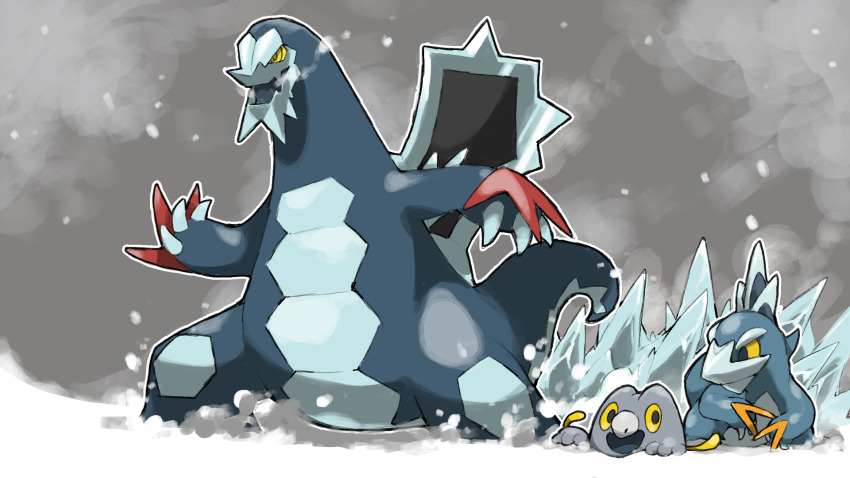 :d animal_focus arctibax baxcalibur blacknirrow breath claws closed_mouth colored_sclera dragon evolutionary_line frigibax grey_background highres ice nintendo no_humans open_mouth outline pokemon pokemon_(creature) pokemon_focus smile snow white_outline yellow_eyes yellow_sclera