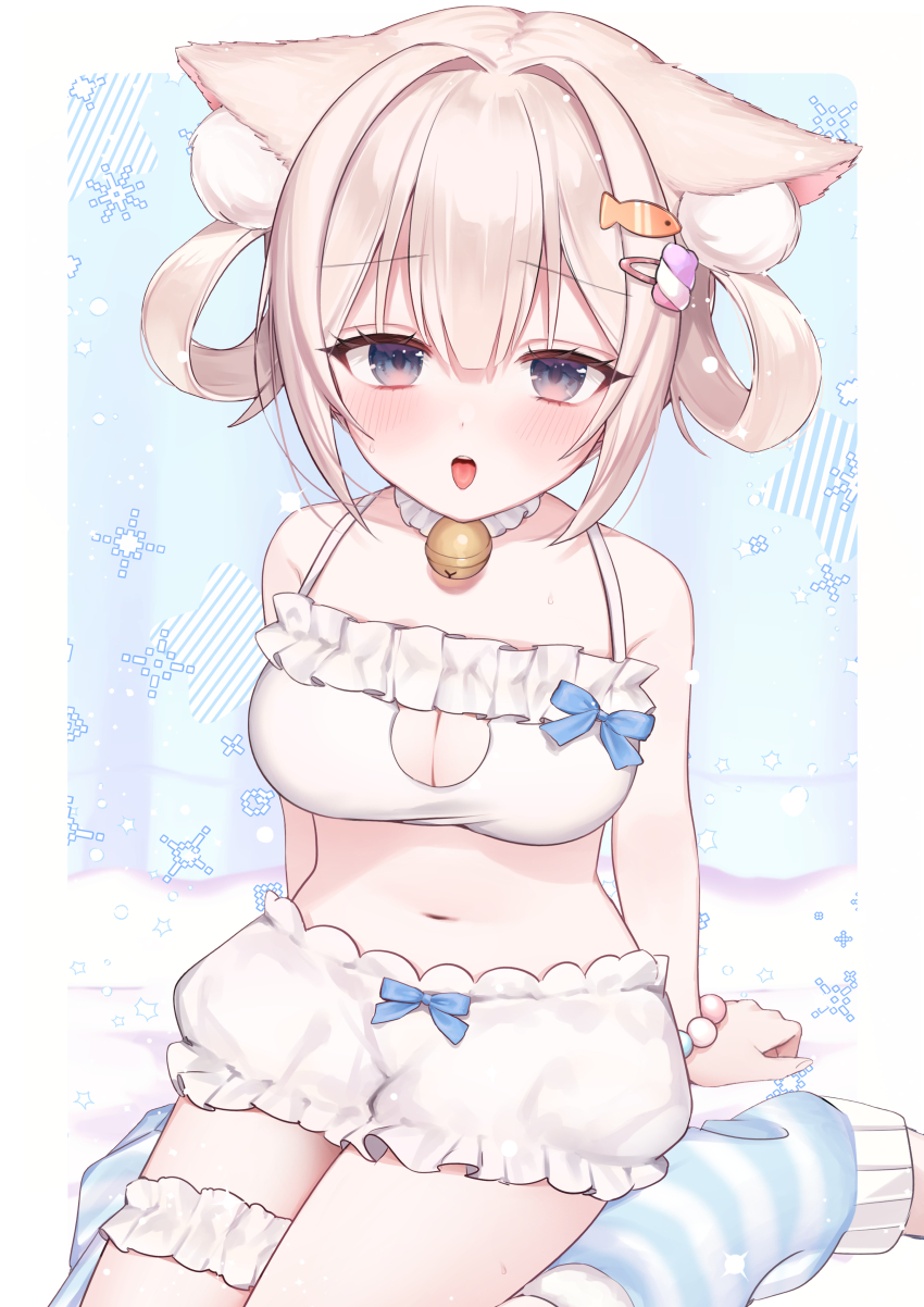 1girl absurdres animal_ear_fluff animal_ears arms_behind_back bare_shoulders bead_bracelet beads bell blonde_hair bloomers blue_bow blue_eyes blue_leg_warmers blush border bow bow_bloomers bow_bra bra bracelet breasts cat_ears cleavage_cutout clothing_cutout collar commentary_request detached_collar fish_hairpin frilled_bra frilled_collar frilled_thigh_strap frills hair_between_eyes hair_intakes hands_on_floor highres jewelry jingle_bell kumo_tabetai large_breasts leg_warmers looking_at_viewer medium_hair navel open_mouth original sitting solo teeth thigh_strap tongue tongue_out underwear upper_teeth_only wariza white_bloomers white_border white_collar white_straps