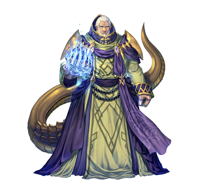 1boy absurdres beard commentary_request dragon_tail energy facial_hair fire_emblem fire_emblem:_mystery_of_the_emblem fire_emblem_heroes full_body green_eyes highres izuka_daisuke large_hands male_focus medeus medeus_(last_earth_dragon) nintendo official_art old old_man pointy_ears short_hair simple_background solo standing tail white_background white_hair wrinkled_skin