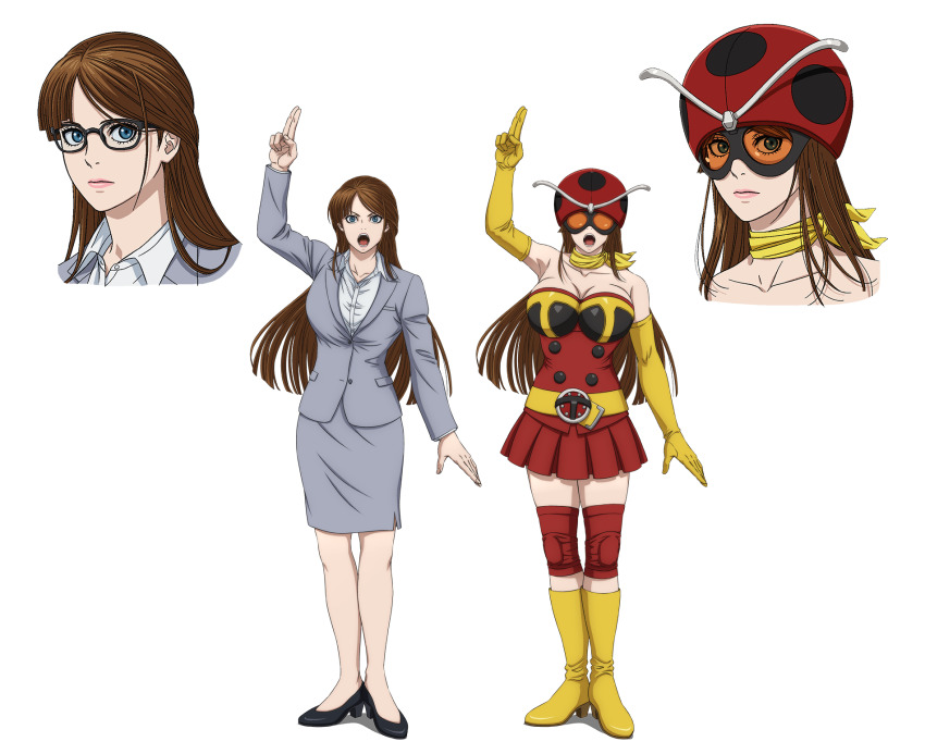 1girl alternate_costume breasts brown_hair cleavage electro_wave_human_tackle full_body glasses highres kamen_rider large_breasts lips long_hair looking_at_viewer multiple_views office_lady official_art okada_yuriko open_mouth parted_lips reference_sheet shiny_skin toujima_tanzaburou_wa_kamen_rider_ni_naritai transparent_background wide_hips