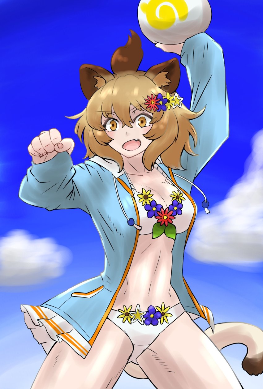 1girl animal_ears ball bikini blonde_hair blue_hoodie collarbone commentary_request cowboy_shot fang flower gravi_pig4891 hair_flower hair_ornament highres hood hoodie japari_symbol kemono_friends kemono_friends_3 lion_(kemono_friends) lion_ears lion_girl lion_tail long_sleeves midriff official_alternate_costume open_clothes open_hoodie open_mouth short_hair solo swimsuit tail white_bikini yellow_eyes