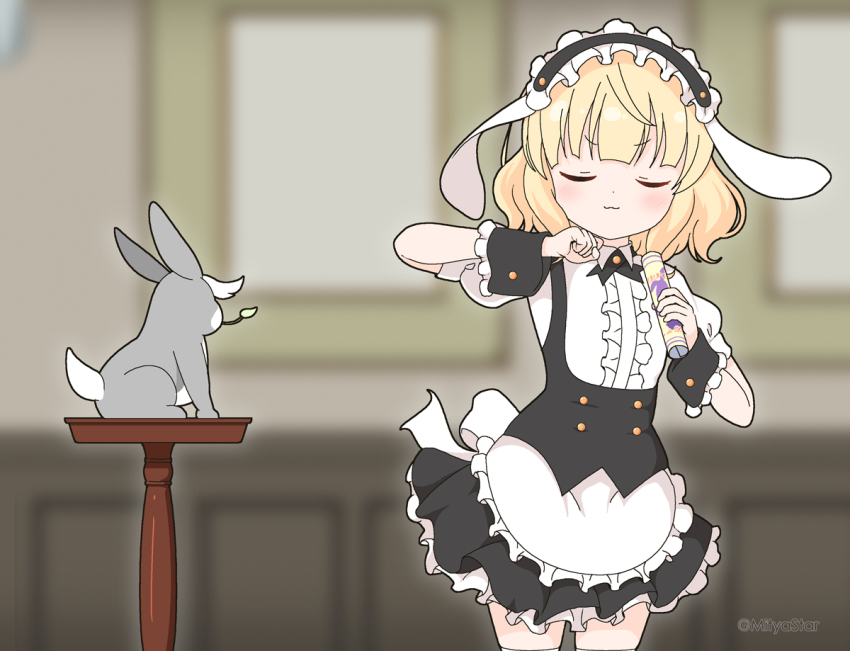 1girl :3 animal animal_ears apron black_hairband black_skirt blonde_hair blurry blurry_background center_frills closed_eyes closed_mouth collared_shirt commentary_request dancing depth_of_field facing_viewer fake_animal_ears fleur_de_lapin_uniform frilled_apron frilled_hairband frilled_skirt frills gochuumon_wa_usagi_desu_ka? hairband holding kirima_syaro mitya mouth_hold pleated_skirt puffy_short_sleeves puffy_sleeves rabbit rabbit_ears scene_reference shikairo_days shikanoko_nokonoko_koshitantan shirt short_sleeves skirt stalk_in_mouth thighhighs twitter_username v-shaped_eyebrows waist_apron waitress white_apron white_shirt white_thighhighs wild_geese wrist_cuffs