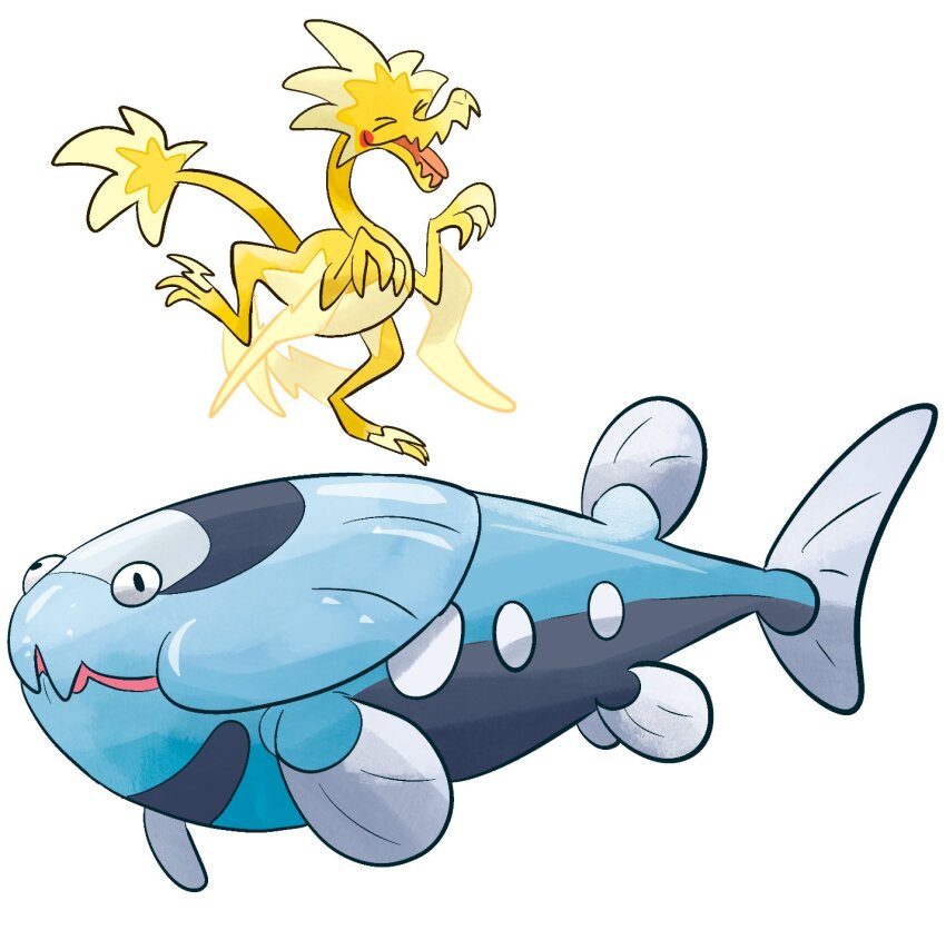 alternate_universe arctovish arctozolt closed_eyes dinosaur dracovish dracozolt dunkleosteus fish gen_8_pokemon highres j_stocky nintendo no_humans open_mouth pokemon pokemon_(creature) simple_background solo velociraptor white_background