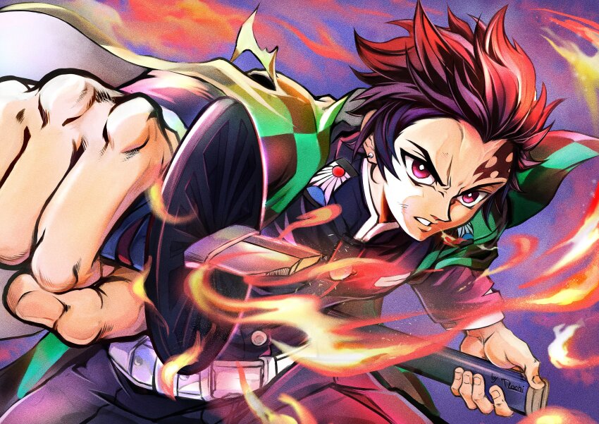 1boy absurdres belt black_jacket black_pants blue_background broken broken_sword broken_weapon checkered_haori clenched_teeth demon_slayer_uniform earrings fighting_stance flaming_sword flaming_weapon furrowed_brow green_haori hanafuda_earrings haori highres holding_scabbard jacket japanese_clothes jewelry kamado_tanjirou kimetsu_no_yaiba leaning_forward male_focus mochi_mangaka pants parted_lips pink_eyes red_hair scar scar_on_face scar_on_forehead short_hair solo sword teeth upper_body weapon white_belt