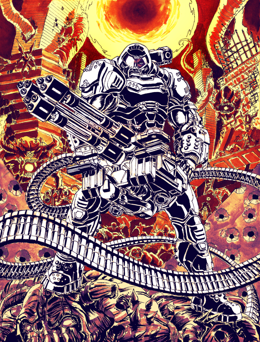 ammunition_belt arm_blade armor assault_visor baron_of_hell broken_horn building bullet_hole cacodemon chain_gun demon demon_girl demon_horns demon_wings doom_(series) doom_eternal doomguy gatling_gun gun heart helmet highres holding holding_gun holding_weapon horns huge_weapon imp_(doom) lost_soul_(doom) mancubus pain_elemental power_armor praetor_suit revenant_(doom) science_fiction shoulder_cannon skyscraper space_marine spoken_heart standing substance20 weapon wings wrist_blades