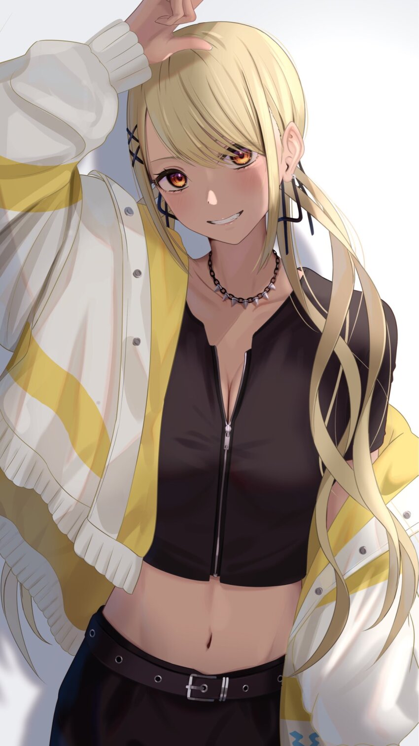 1girl belt blonde_hair breasts cleavage collarbone crop_top dark-skinned_female dark_skin grin hair_ornament hairclip highres inaka_44 jacket jacket_partially_removed jewelry kaminari_qpi kaminari_qpi_(2nd_costume) long_hair looking_at_viewer medium_breasts midriff navel necklace orange_eyes partially_unzipped simple_background smile solo twintails virtual_youtuber vspo! white_background x_hair_ornament