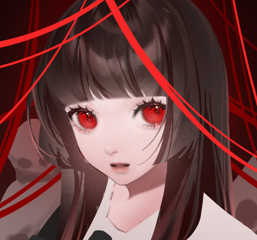 1girl black_hair black_necktie blunt_bangs chinese_commentary collared_shirt commentary_request enma_ai eyelashes highres hime_cut jigoku_shoujo lips long_hair necktie parted_lips pink_lips red_background red_eyes red_ribbon ribbon shirt sidelocks skull solo upper_body white_shirt wudi_xiaowen
