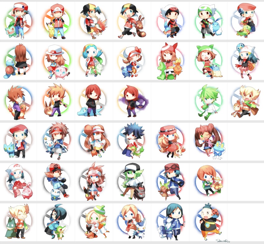 00s 10s 1990s_(style) 6+boys 6+girls alternate_costume bad_id bad_pixiv_id bandana barry_(pokemon) baseball_cap bianca_(pokemon) black_eyes black_hair blonde_hair blue_eyes blue_hair blue_oak blue_oak_(pokemon_frlg) blue_oak_(pokemon_rgby) brendan_(pokemon) brendan_(pokemon_emerald) brown_eyes brown_hair bulbasaur calem_(pokemon) charmander cheren_(pokemon) chespin chibi chikorita chimchar cyndaquil dawn_(pokemon) eevee ethan_(pokemon) ethan_(pokemon)_(classic) everyone fennekin fire flabebe flabebe_(yellow_flower) flame-tipped_tail fletchling froakie full_body gastly gen_1_pokemon gen_2_pokemon gen_3_pokemon gen_4_pokemon gen_5_pokemon gen_6_pokemon green_(pokemon) green_bandana green_eyes green_hair hair_between_eyes happiny hat hilbert_(pokemon) hilda_(pokemon) hugh_(pokemon) knees kris_(pokemon) leaf_(pokemon) legs long_hair lucas_(pokemon) lyra_(pokemon) marill may_(pokemon) meowstic meowstic_(female) meowstic_(male) multiple_boys multiple_girls multiple_persona munchlax n_(pokemon) naru_(andante) nate_(pokemon) nintendo oshawott pikachu piplup pokemon pokemon_(creature) pokemon_bw pokemon_bw2 pokemon_dppt pokemon_frlg pokemon_gsc pokemon_hgss pokemon_rgby pokemon_rgby_beta pokemon_rse pokemon_xy ralts red_(pokemon) red_(pokemon_frlg) red_bandana retro_artstyle rosa_(pokemon) sentret serena_(pokemon) shauna_(pokemon) shinx shoes short_hair shorts silver_(pokemon) silver_(pokemon)_(hgss) silver_(pokemon)_(remake) smile sneakers snivy spheal squirtle standing starter_pokemon_trio tail tepig tierno_(pokemon) totodile trevor_(pokemon) turtwig wally_(pokemon) white_background zorua