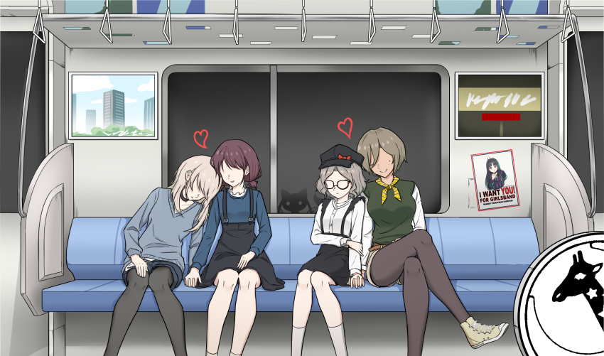 4girls anglediana awa_subaru belt black_choker black_hat black_overalls black_shorts black_skirt blue_shorts blue_sweater bow brown_belt brown_hair brown_shorts cat chinese_commentary choker collared_shirt commentary_request couple dress_shirt ebizuka_tomo girls_band_cry glasses green_sweater_vest grey_hair hair_between_eyes hat hat_bow heart highres holding_hands i_want_you interlocked_fingers iseri_nina kawaragi_momoka long_hair long_hair_between_eyes long_sleeves low_twintails mole mole_under_eye multiple_girls neckerchief no_eyes overalls pantyhose pantyhose_under_shorts red_bow rupa_(girls_band_cry) scene_reference shirt short_hair short_twintails shorts sitting skirt sweater sweater_vest togenashi_togeari train_interior twintails white_shirt yellow_neckerchief yuri