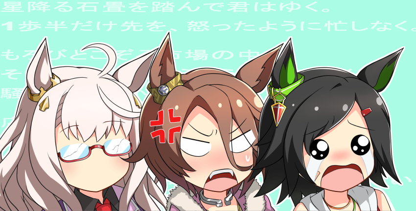 ahoge anger_vein animal_ears bandaid bandaid_on_cheek bandaid_on_face biwa_hayahide_(umamusume) black_shirt bnw_(umamusume) broken_eyewear brown_hair crying glasses grey_hair hair_ornament hairclip highres horse_ears horse_girl long_hair meso_(zgmf-xv) narita_taishin_(umamusume) necktie red-framed_eyewear red_necktie semi-rimless_eyewear shirt short_hair swept_bangs umamusume under-rim_eyewear winning_ticket_(umamusume)