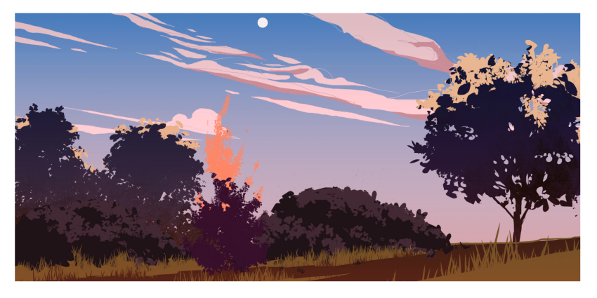 blue_sky border cloud cloudy_sky commentary day english_commentary field full_moon gradient_sky grass highres hill landscape moon morning mountain nature no_humans original outdoors pink_clouds pink_sky scenery shadow sky sunlight sunrise tree victoria_joh white_border