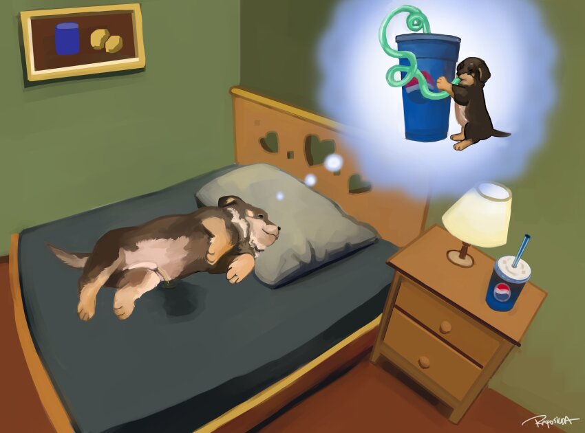 animal animal_focus bed bedroom crazy_straw cup disposable_cup dog doggo_revolution drawer dreaming drinking_straw highres indoors lamp lying no_humans on_bed on_side original painting_(object) pee peeing pepsi pillow puppy sleeping speech_bubble thought_bubble
