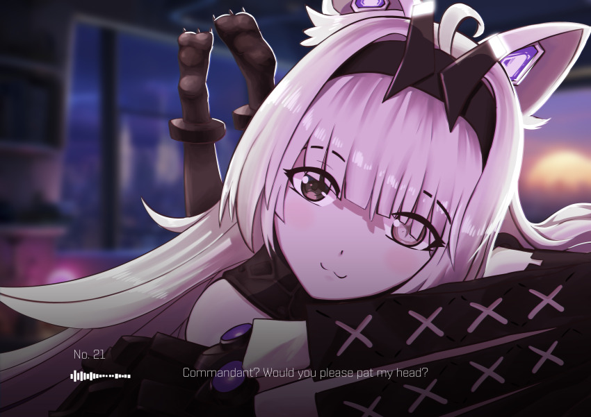 absurdres ahoge animal_ears artist_request black_eyes black_hairband black_sleeves claws commission cross-shaped_pupils grey_eyes grey_hair hair_intakes hairband heterochromia highres long_hair mechanical_ears mechanical_hands mismatched_pupils no._21:_feral_scent_(pgr) no._21_(pgr) punishing:_gray_raven second-party_source sidelocks smile symbol-shaped_pupils wolf_ears