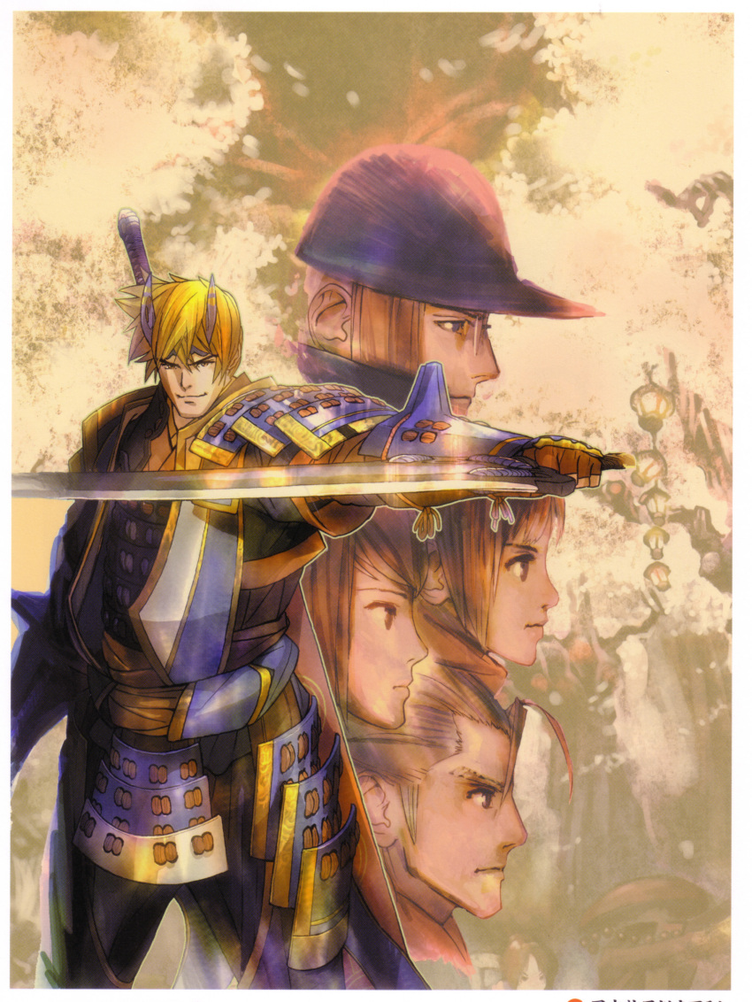 2girls 3boys absurdres armor blonde_hair capcom headband highres kaijin_no_souki multiple_boys multiple_girls nankobo_tenkai nankoubou_tenkai ohatsu ohatsu_(onimusha) onimusha onimusha:_dawn_of_dreams roberto_(onimusha) roberto_(saga) sword weapon yagyu_jubei_akane yagyuu_juubei_(dawn_of_dreams) yuki_hideyasu