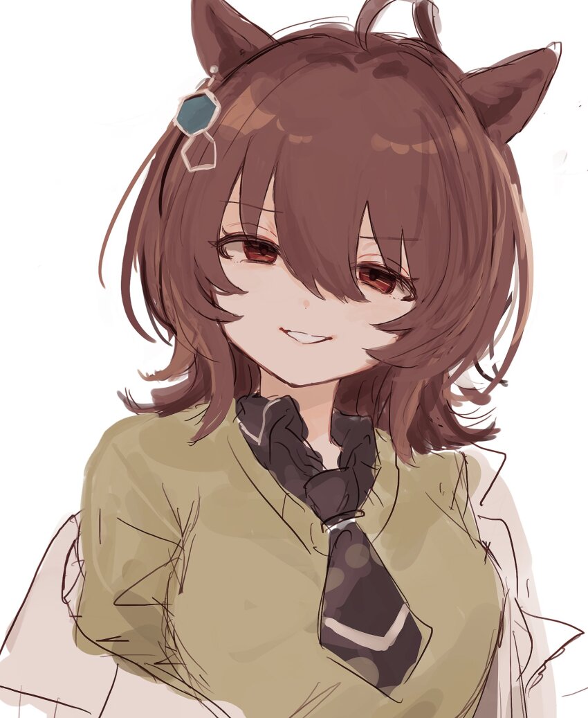 1girl agnes_tachyon_(umamusume) ahoge animal_ears black_necktie black_shirt breasts chemical_structure coat collared_shirt earrings hair_between_eyes highres horse_ears horse_girl jewelry lab_coat long_sleeves looking_at_viewer medium_breasts medium_hair necktie off_shoulder open_clothes open_coat parted_lips red_eyes shirt short_necktie simple_background single_earring smile solo sweater t7jzw3 umamusume white_background white_coat wolf_cut yellow_sweater