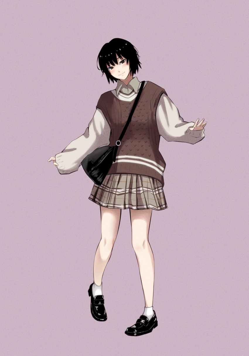 1girl absurdres amagami ankle_socks bag black_bag black_hair black_shoes blush brown_eyes brown_shirt brown_skirt brown_sweater_vest cable_knit casual closed_mouth collared_shirt dress_shirt film_grain full_body handbag hands_up highres holding holding_bag light_smile loafers long_sleeves looking_at_viewer loose_hair_strand nanasaki_ai oshizu pigeon-toed plaid_clothes plaid_skirt pleated_skirt purple_background shiny_footwear shirt shoes short_hair simple_background skirt sleeves_past_wrists smile socks solo standing sweater sweater_vest white_socks white_sweater white_trim