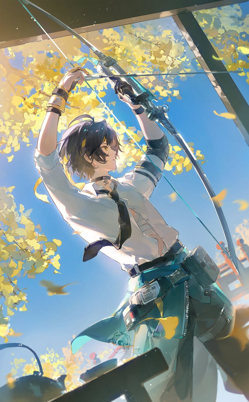 1boy absurdres ahoge archery arms_up arrow_(projectile) asaba_harumasa bandaged_chest bandages black_hair black_necktie black_pants bow_(weapon) closed_mouth clothes_around_waist collared_shirt drawing_bow dutch_angle from_side gloves green_jacket hashtag-only_commentary headband highres holding holding_arrow holding_bow_(weapon) holding_weapon jacket jacket_around_waist kyuudou leaf luochun_ring necktie outdoors pants partially_fingerless_gloves partly_fingerless_gloves railing shirt sky sleeves_rolled_up solo standing table weapon white_shirt yellow_eyes yellow_gloves yellow_headband yugake zenless_zone_zero