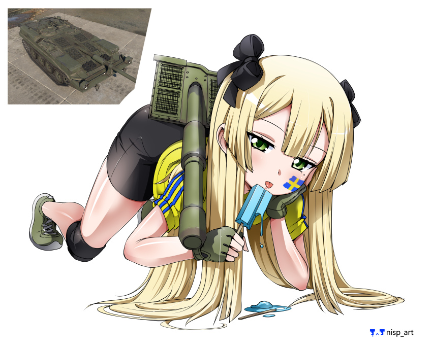 1girl :p absurdres bike_shorts blonde_hair double_popsicle flag_print food game_screenshot_inset green_eyes highres holding holding_food holding_popsicle knee_pads leaning_forward long_hair looking_at_viewer mole mole_under_eye nisp_art personification popsicle reference_inset shirt solo stridsvagn_103 stridsvagn_103_(personification) sweden swedish_flag swedish_flag_print t-shirt tongue tongue_out very_long_hair war_thunder