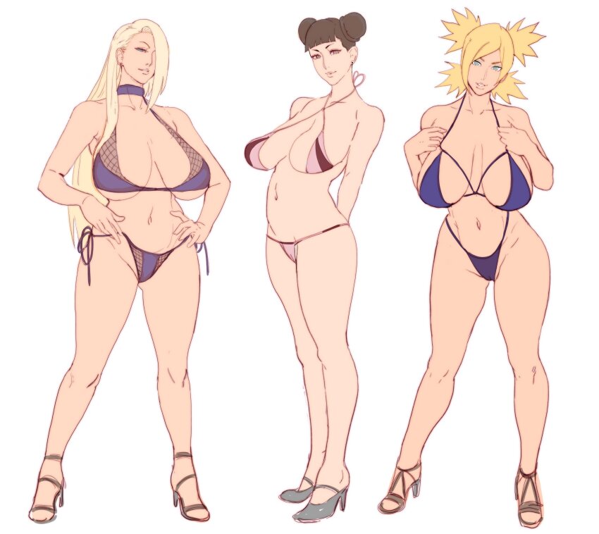 3girls absurdres aged_up bikini blonde_hair blue_eyes breasts brown_eyes brown_hair double_bun hair_bun hair_over_one_eye high_heels highres jnsdh large_breasts long_hair mature_female multicolored_bikini multiple_girls naruto_(series) navel pink_bikini purple_bikini red_bikini side-tie_bikini_bottom simple_background swimsuit temari_(naruto) tenten_(naruto) two-tone_bikini white_background yamanaka_ino