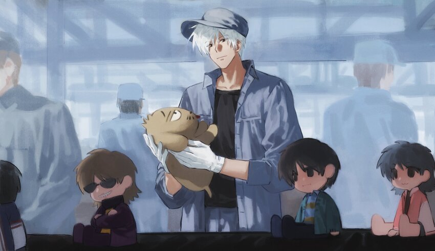 4boys akagi:_yami_ni_oritatta_tensai akagi_shigeru black_eyes black_shirt blue_shirt character_doll closed_mouth commentary_request doll factory fukumoto_mahjong gloves highres hyoudou_kazuya igawa_hiroyuki indoors kaiji lngy131136 looking_at_viewer male_focus mamiya_(yami-ma_no_mamiya) multiple_boys open_clothes open_shirt shirt short_hair smile solo_focus stuffed_animal stuffed_dog stuffed_toy ten_(manga) tobaku_haouden_zero ukai_zero upper_body white_gloves white_hair yami-ma_no_mamiya
