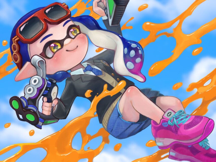 1girl black_jacket blue_hair blue_necktie blue_skirt blue_sky brown_sweater_vest closed_mouth cloud collared_shirt cross-shaped_pupils day eyewear_on_head gradient_hair highres holding inkling inkling_girl inkling_player_character jacket long_hair long_sleeves midair miniskirt multicolored_hair necktie nintendo oekakirisuke open_clothes open_jacket outdoors pink_hair pink_shoes pleated_skirt pointy_ears red-framed_eyewear school_uniform shirt shoelaces shoes skirt sky smile sneakers solo splatoon_(series) sunglasses sweater_vest symbol-shaped_pupils tentacle_hair tetra_dualies_(splatoon) two-tone_hair white_shirt yellow_eyes
