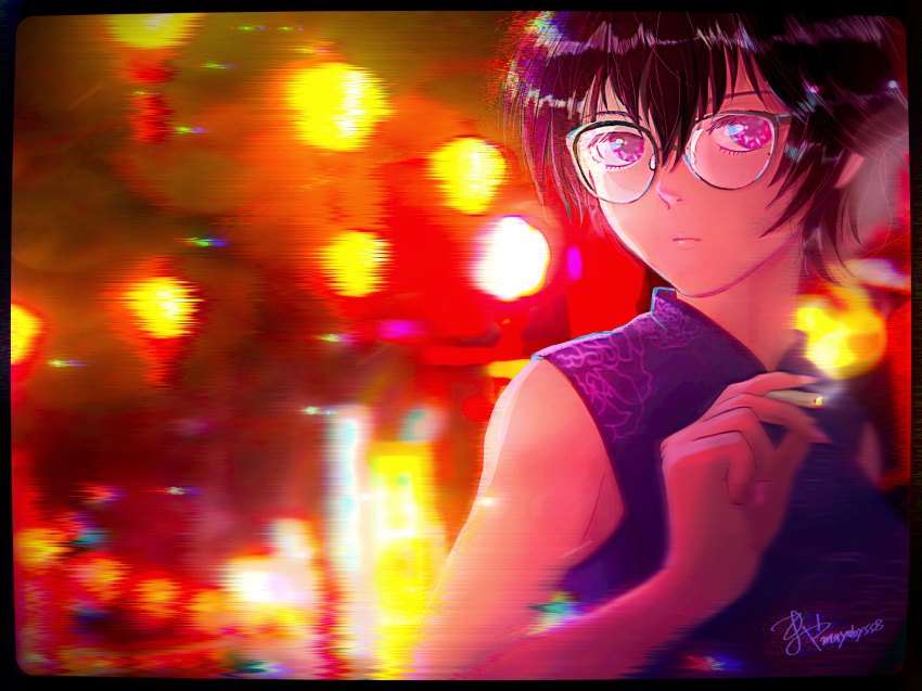 1girl black_border black_hair blue_dress blurry blurry_background border china_dress chinese_clothes cigarette closed_mouth dress glasses hair_between_eyes highres holding holding_cigarette kowloon_generic_romance kujirai_reiko mayabyss nail_polish pink_eyes pink_nails solo