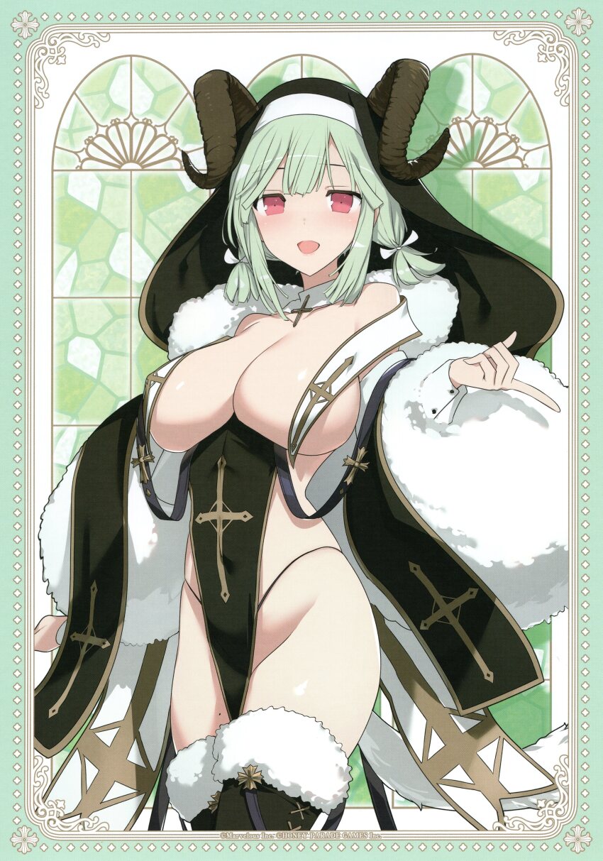 1girl absurdres black_panties black_thighhighs black_veil breast_curtains breasts cleavage coif cross cross_necklace curled_horns demon_horns down_jacket fur-trimmed_thighhighs fur_trim green_hair highres horns jacket jewelry large_breasts light_blush looking_at_viewer low_twintails medium_hair mole mole_on_thigh naraku_(senran_kagura) necklace no_bra non-web_source nun official_art open_mouth panties pelvic_curtain senran_kagura senran_kagura_new_link short_twintails sidelocks smile solo thighhighs twintails underwear veil yaegashi_nan
