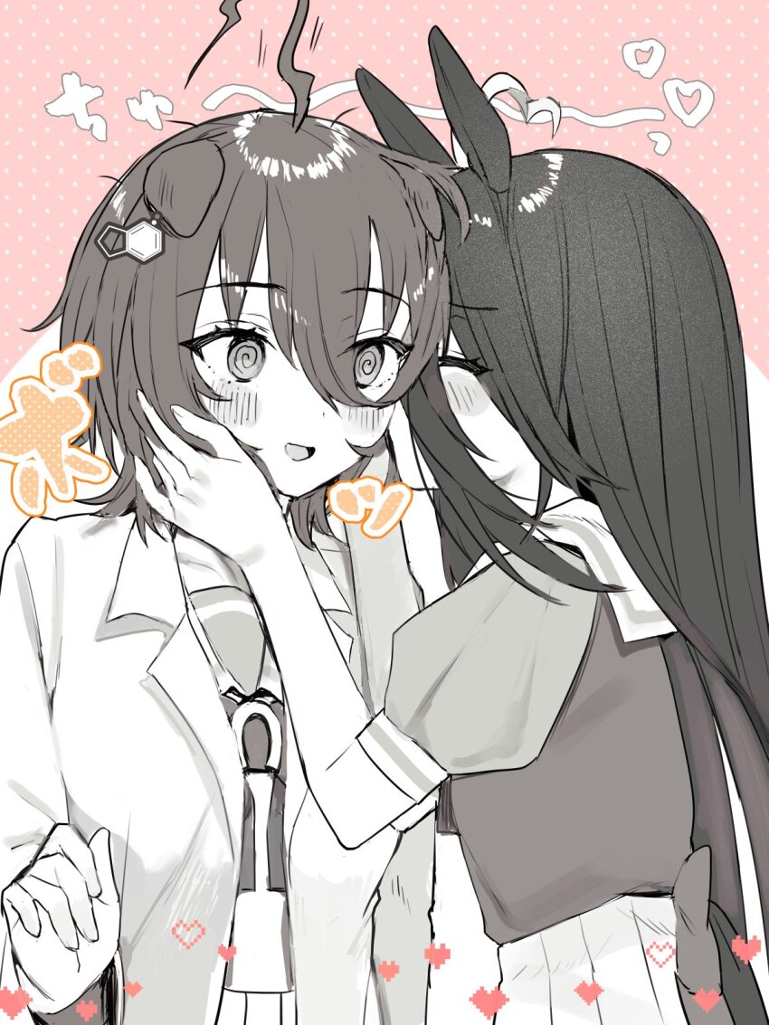 2girls @_@ agnes_tachyon_(umamusume) animal_ears blush commentary greyscale_with_colored_background hand_on_another&#039;s_face heart highres horse_ears horse_girl kiss kissing_cheek lab_coat long_hair manhattan_cafe_(umamusume) medium_hair multiple_girls nochatea open_mouth pink_background pleated_skirt school_uniform skirt tracen_school_uniform translation_request umamusume yuri