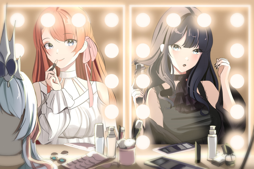 2girls absurdres applying_makeup black_hair black_lips bow brown_hair cosmetics curling_hair curling_iron final_fantasy final_fantasy_xiv gaia_(ff14) hair_bow hair_ribbon highres holding_curling_iron lipstick_tube looking_at_mirror marquee_lights mirror mmomentliveart multiple_girls pink_lips ribbon ryne_waters table tiara unworn_wig vanity_table wig