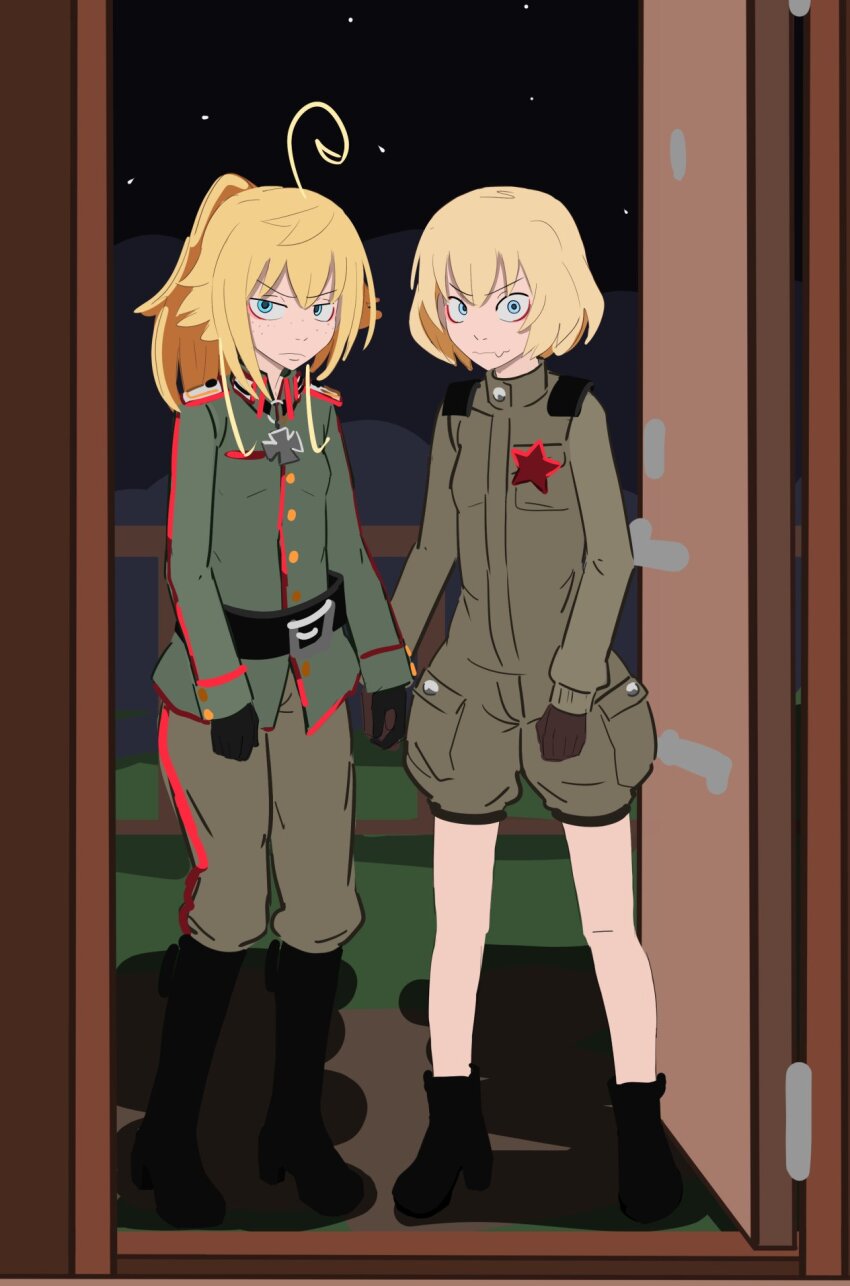 2girls black_gloves blonde_hair blue_eyes boots brown_gloves commentary cross english_commentary fang girls_und_panzer gloves hair_between_eyes highres iron_cross katyusha_(girls_und_panzer) kurokimoko long_hair looking_at_viewer medium_hair military military_uniform multiple_girls night open_door pravda_military_uniform skin_fang tanya_degurechaff youjo_senki
