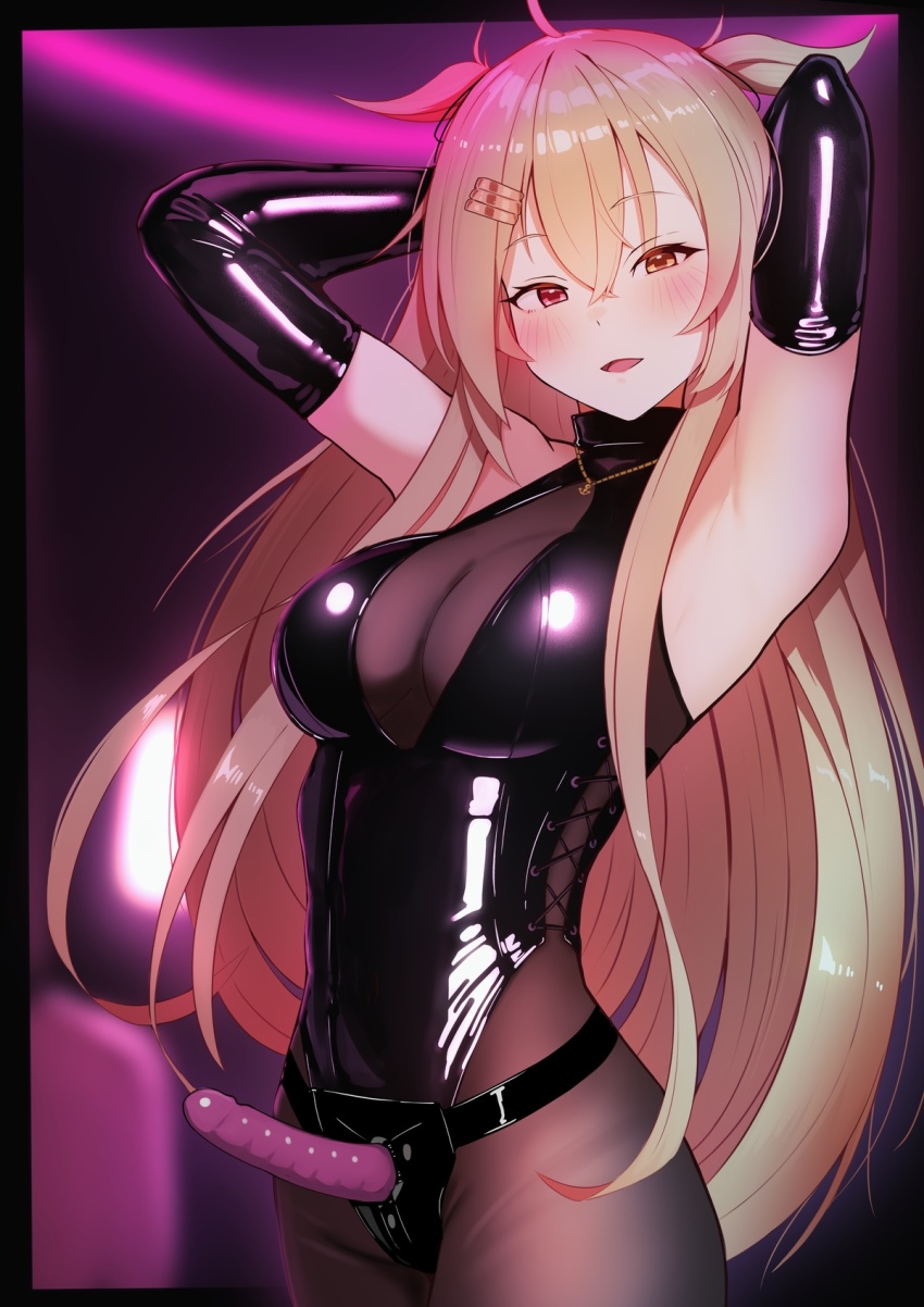 1girl :d ahoge armpits arms_up black_gloves blonde_hair blush bodystocking bondage_outfit breasts brown_eyes cowboy_shot dildo elbow_gloves gloves hair_flaps hair_ornament hairclip heterochromia highres jewelry kantai_collection katsuten large_breasts latex latex_gloves long_hair looking_at_viewer murasame_(kancolle) necklace open_mouth red_eyes sex_toy smile solo strap-on very_long_hair
