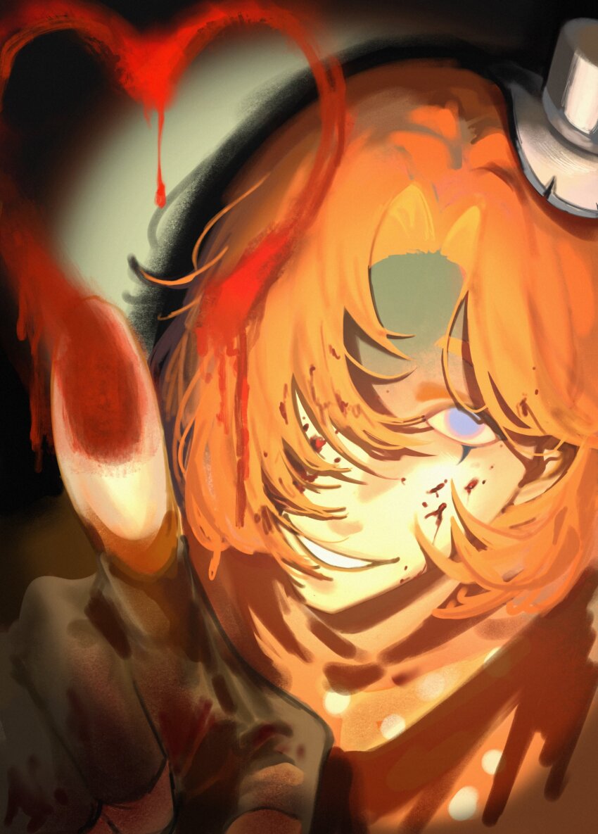 1boy absurdres black_gloves black_hat blood blood_on_face blood_on_hands blue_eyes drawing_on_fourth_wall fingerless_gloves gloves grin hair_over_one_eye hat heart highres ice0_eci identity_v looking_at_viewer makeup male_focus medium_hair polka_dot polka_dot_scarf red_hair red_scarf scarf smile solo upper_body weeping_clown_(identity_v)